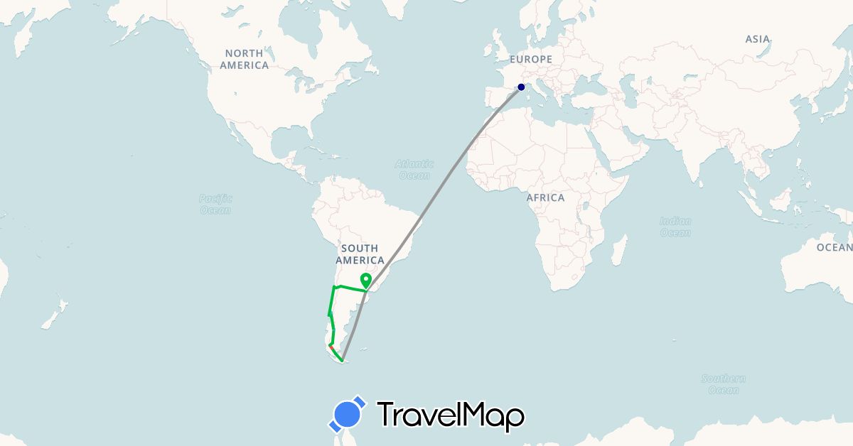 TravelMap itinerary: driving, bus, plane, hiking, boat in Argentina, Chile, France (Europe, South America)